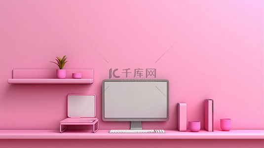 粉红色墙架背景与数字设备笔记本电脑手机和平板电脑 3D 插图