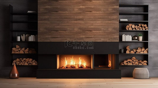 带火的背景背景图片_带内置火箱和燃烧木柴的别致阁楼壁炉的 3D 渲染