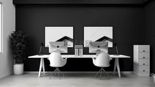 时尚的办公室模型，配有尖端计算机和 3D 插图中的黑屏