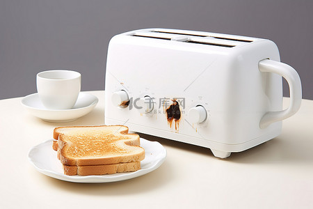 面包咖啡桌子背景图片_打开的烤面包机和杯子