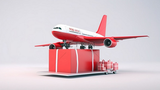 卡通玩具喷气式飞机运输货物集装箱的 3D 渲染，白色背景上带有快速运输标签