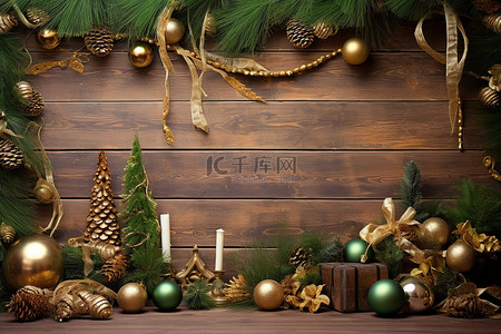 松装饰背景图片_圣诞快乐装饰和木制背景上的小玩意