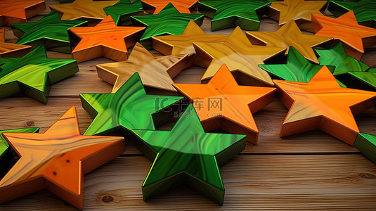 木器背景图片_木漆背景和 3d 渲染的绿色和橙色星星