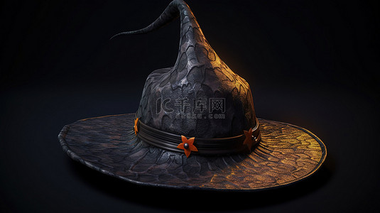 服装标志背景图片_神秘而神奇的万圣节黑色背景与 3d 女巫的帽子