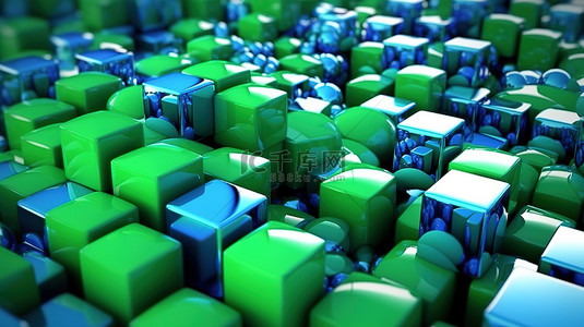 绿色和蓝色立方体和球的抽象 3D 渲染集合