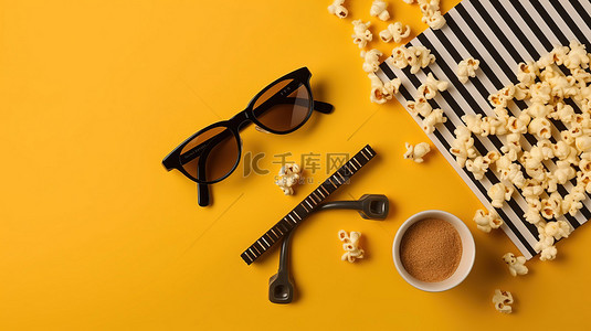 娱乐必需品电影拍板爆米花碗和黄色背景上带有戏剧性阴影的 3D 眼镜的顶部视图