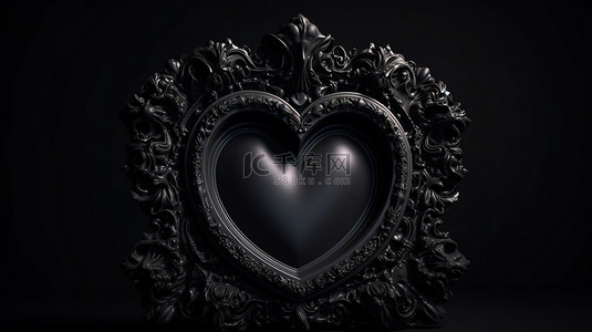 深色背景上黑色心形框架的哥特式情人节 3D 插图