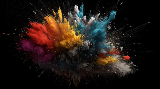 彩色烟雾弹背景图片_黑暗背景下充满活力的 3D 渲染中白色粒子的爆炸性爆发