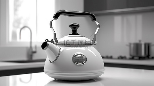 复古单色茶壶老式厨房用具前视图 3D 渲染