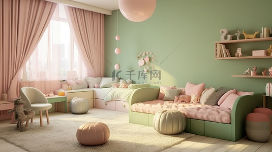 俏皮而质朴的儿童房，采用柔和的开心果色和粉色，有两个不同的区域 3D 渲染