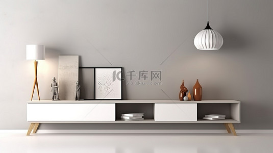时尚的 3D 室内场景和模型，配有白色墙壁书鞍工作角和灰色和白色的壁挂式餐边柜