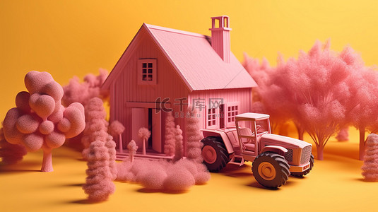 粉色背景树背景图片_粉色背景黄叶的乡村景观木屋树和拖拉机的鸟瞰图