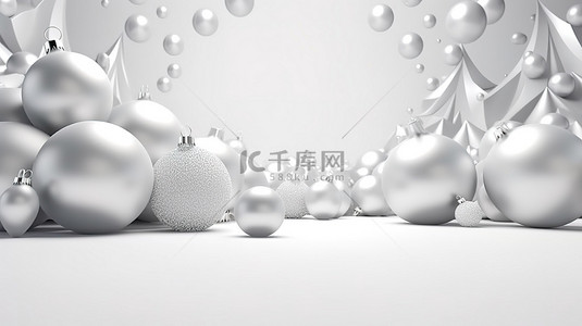 冬季仙境节日 3D 作品，配有白色圣诞球和新年欢呼