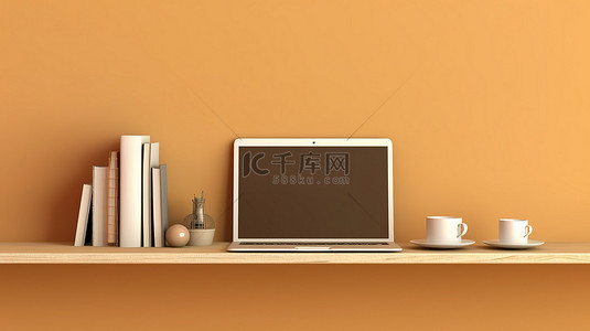 笔记本电脑场景背景图片_带有笔记本电脑横幅的棕色架子背景的 3D 插图