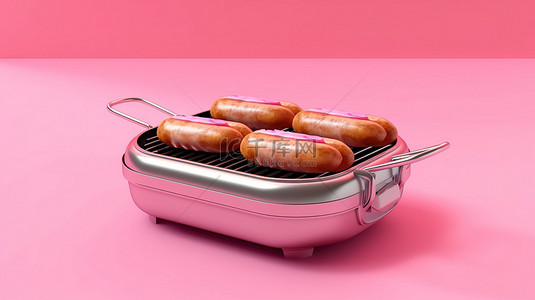 充满活力的粉红色烤架上的铁板香肠 3D 插图
