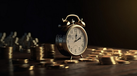 报税时间提醒 3D 渲染带有硬币堆的闹钟，以节省资金并按时完成任务