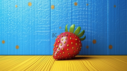 放置在黄色木板上的蓝色草莓的 3d 渲染