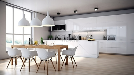时尚的斯堪的纳维亚风格的厨房和餐厅采用现代简约的室内 3D 渲染插图