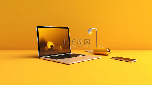 黄色办公桌，配有 3d 渲染的笔记本电脑和手机