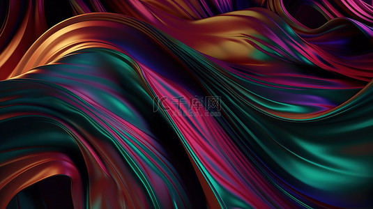 充满活力的梯度织物与虹彩金属光泽抽象 3D 插图