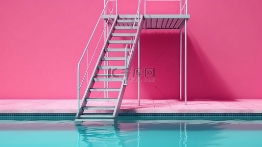 3D 渲染双色调风格粉红色梯子游泳池