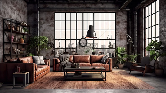 现代客厅的 3D 渲染，配有真皮沙发和充足的复印空间