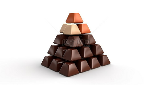 白色背景上巧克力金字塔几何的 3d 插图