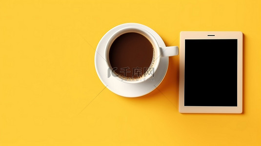 黄色背景，顶视图中带有咖啡杯和平板电脑，非常适合 3D 渲染的文本放置