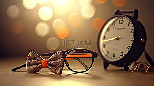 领带背景背景图片_父亲节3D主题眼镜时钟和领带背景
