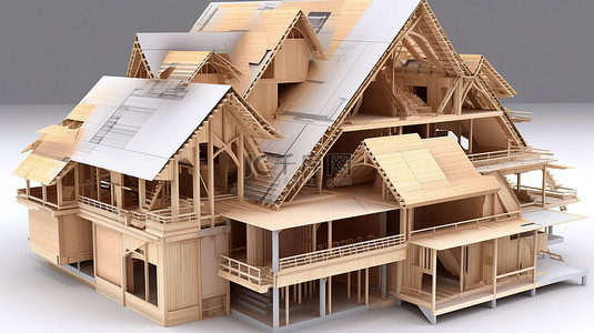 在 3d 房屋渲染中可视化屋顶结构的各个层