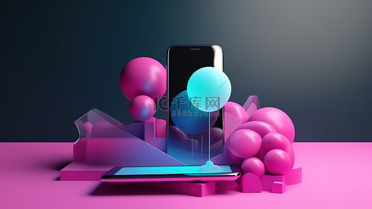 说出你们的想法背景图片_3D 对话插图的高级 PSD，讲台上的电话屏幕上弹出消息气泡