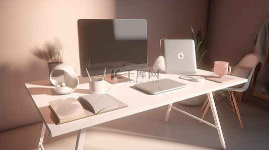 办公室虚拟背景背景图片_虚拟工作站 3D 渲染办公桌和计算机的插图，用于远程工作和在线通信
