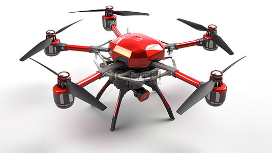 科技横轴背景图片_白色背景展示孤立的红色和灰色六轴飞行器的 3D 插图