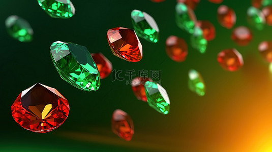 色彩绚丽的钻石珠宝层叠在郁郁葱葱的绿色背景上的 3D 渲染