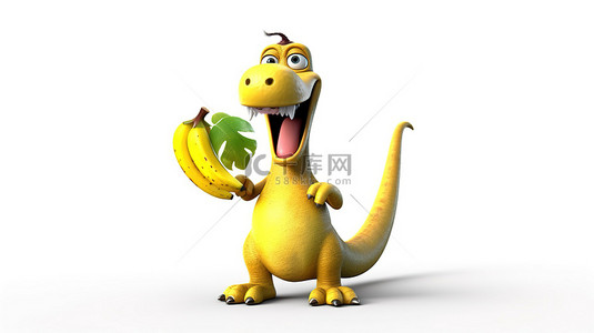 有趣的 3D 恐龙人物，手里拿着香蕉
