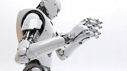 参与握手的人形机器人手的白色背景 3D 渲染