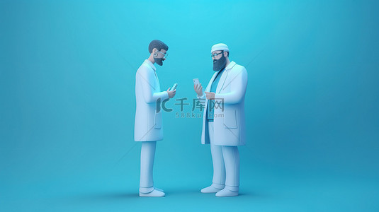 光面蓝色背景下通过智能手机进行医患沟通的虚拟咨询 3D 渲染