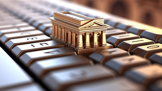 銀行貸款背景图片_电脑键盘上银行徽标的详细 3D 渲染，背景是高耸的银行大楼