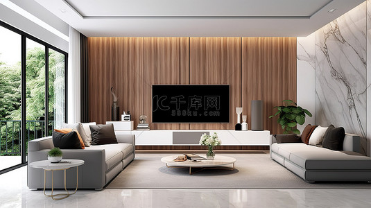 简约客厅配有内置墙壁设计电视柜木质装饰和白色大理石 3D 渲染