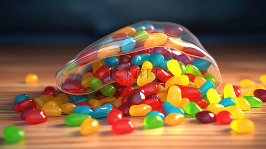 彩虹糖背景图片_3D 渲染中充满活力的果冻豆从零食包装纸中溢出