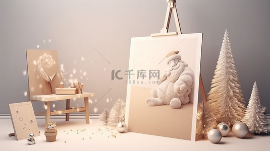 红色圣诞雪花背景背景图片_圣诞节主题 3D 画布，有圣诞老人和节日装饰品