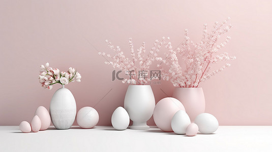 复活节主题横幅装饰复活节彩蛋可爱兔子的 3D 插图和模型背景上带有柔和彩色小树枝的花瓶