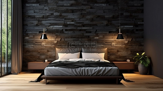 黑卧室背景图片_现代卧室的 3D 插图，配有木地板黑石墙和别致的侧灯