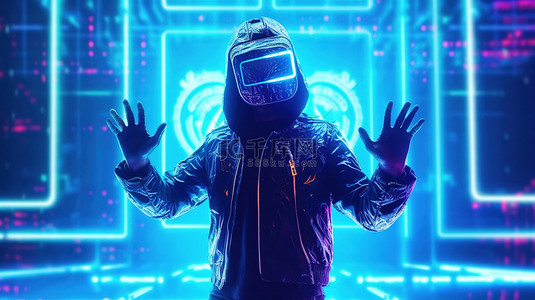 霓虹灯蓝色浅色夹克和头盔的赛博朋克舞者的电动迪斯科 3D 插图