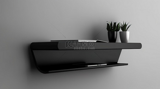 黑色背景互联网背景图片_带电脑的时尚黑色墙架的 3D 插图