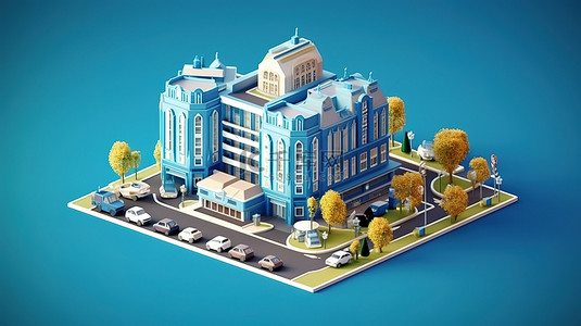 具有公司品牌的建筑物和车辆的等距城市景观广告 3D 渲染