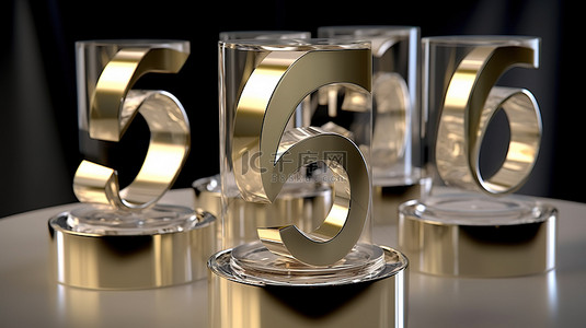 刻有六个周年纪念号的金银水晶眼镜的 3D 插图