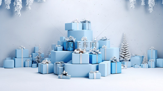 创意模型以抽象的蓝色和白色节日 3D 讲台为特色，装饰着圣诞雪花和礼品盒