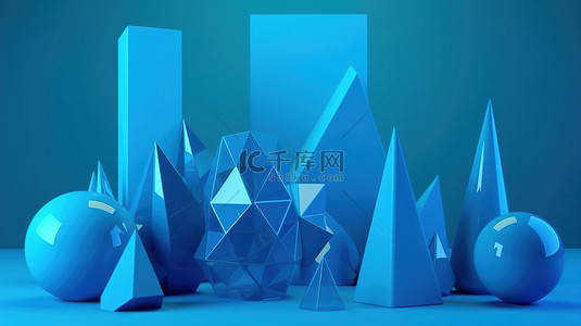漂浮在 3d 渲染中的蓝色简单几何形状