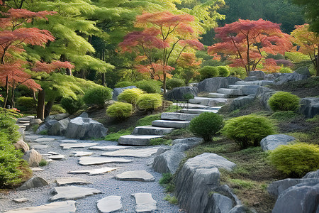 一条绿色多彩的岩石小路通向美丽的树木